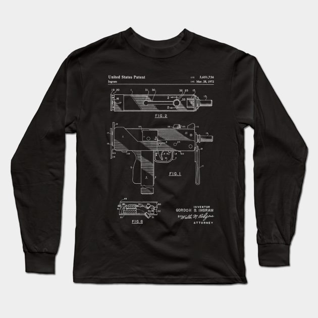 Mac 10 Uzi Patent - Gun Lover Gunsmith Workshop Art - Black Chalkboard Long Sleeve T-Shirt by patentpress